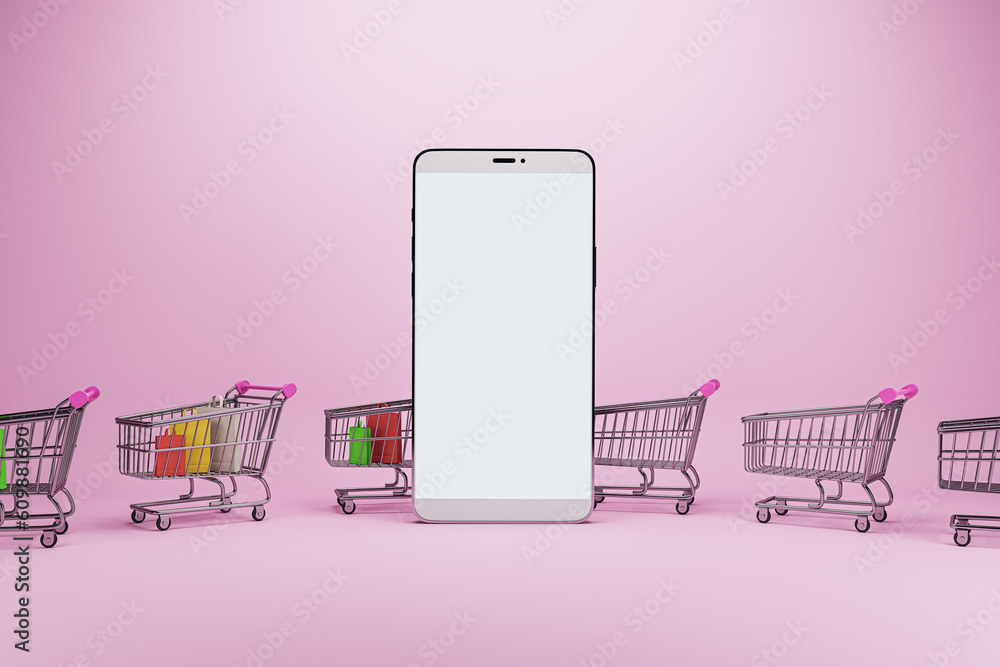 Poster Creative online shopping concept with trolleys and empty white mock up cellphone screen on pink background. Shop online and digital media concept. 3D Rendering.