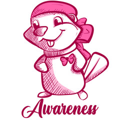 Conceptual art of a happy beaver wearing a scarf and a pink ribbon for breast cancer awareness campaign. Animal mascot artwork about a medical cause.