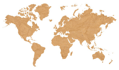 illustration of World map on old brown crumpled grunge paper