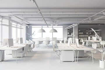 Fototapeta na wymiar Loft office interior design concept with white material. 3D Rendering
