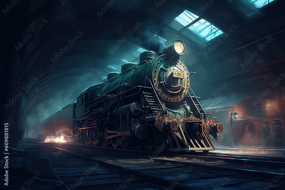 Poster a picture of a steam engine train at a railway station as an example generative ai