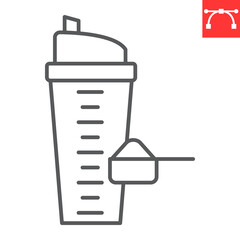 Protein shaker line icon, supplements and health, bottle with a scoop of whey vector icon, vector graphics, editable stroke outline sign, eps 10.