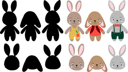 set of cartoon bunnies in doodle style on white background, vector