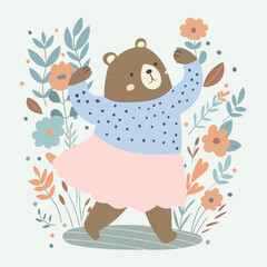bear dancing character on flower background,isolated vector