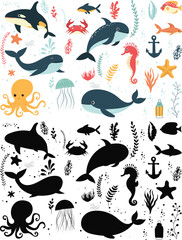 Fototapeta premium set of sea animals, inhabitants, whale, fish, dolphin, isolated vector