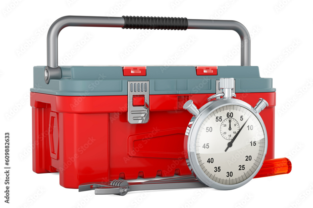 Poster toolbox with stopwatch, 3d rendering