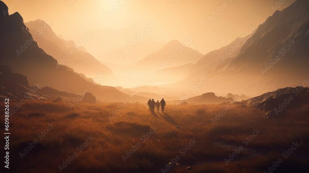 Poster a man and a woman strolling in a field that is covered with grass generative ai
