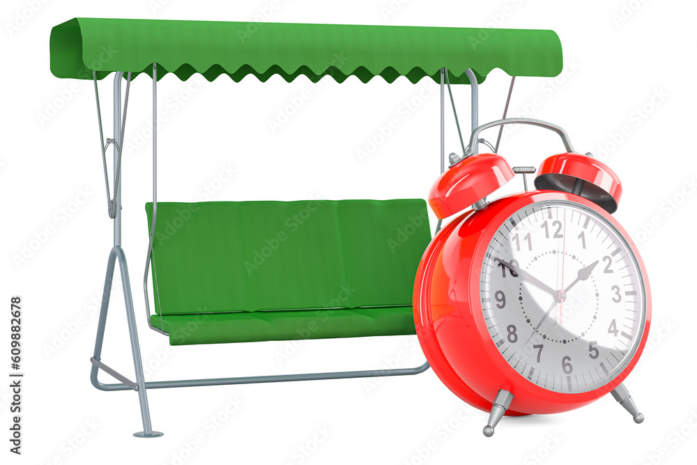 Poster garden swing with canopy with alarm clock, 3d rendering