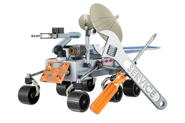 Planetary rover with screwdriver and wrench, 3D rendering