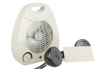 Fan heater with blank business card and retro phone receiver. 3D rendering