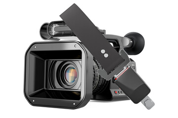 Professional video camera with safety belt, 3D rendering