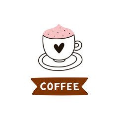 Coffee cup vector clipart. Hand drawn cappuccino illustration and lettering