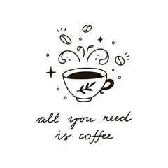 Coffee vector card. Hand drawn coffee cup and lettering poster