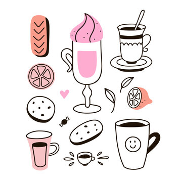 Coffee and drinks vector card. Hand drawn breakfast clipart
