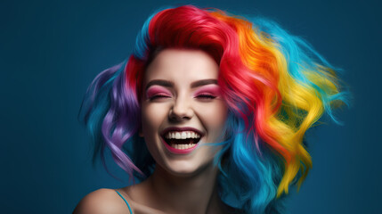 Obraz premium Portrait of young smiling woman with rainbow hair