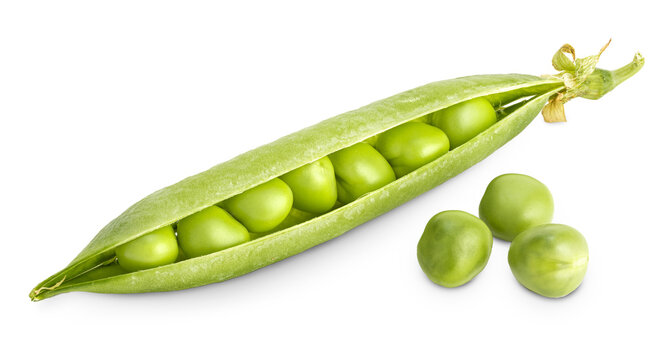 Fresh green pea open pod with seeds isolated