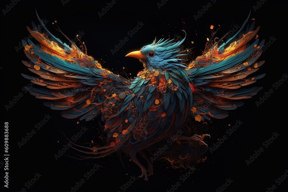 Poster a multicolored bird with its wings spread out over a backdrop that is dark. generative ai