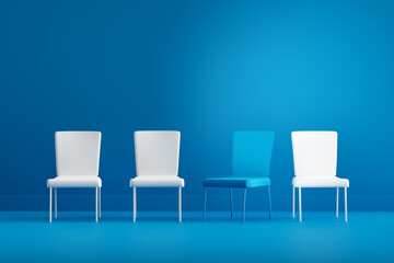 Modern blue and white chairs standing in interior empty blue room with copy space. 3D Render.