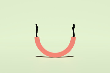 Gender equality and balance. Male and female silhouettes on a seesaw. Abstract 3D render art.
