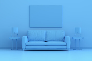 Mock up empty or blank poster frame on a blue wall background with sofa, end tables and lamps.