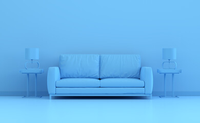 Blue monochrome interior space with sofa, end tables and lamps. 3D render.