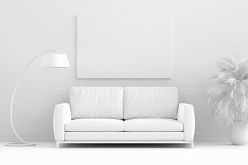 Mock up empty or blank poster frame on a white wall background with sofa, floor lamp and decorative plants. 3D Rendering white monochrome interior room space.