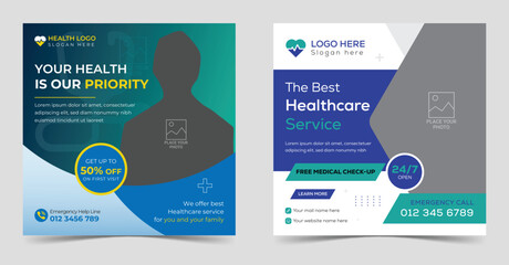 Medical healthcare and dental promotion social media post layout set for hospital with stories or square web ads flyer template ads