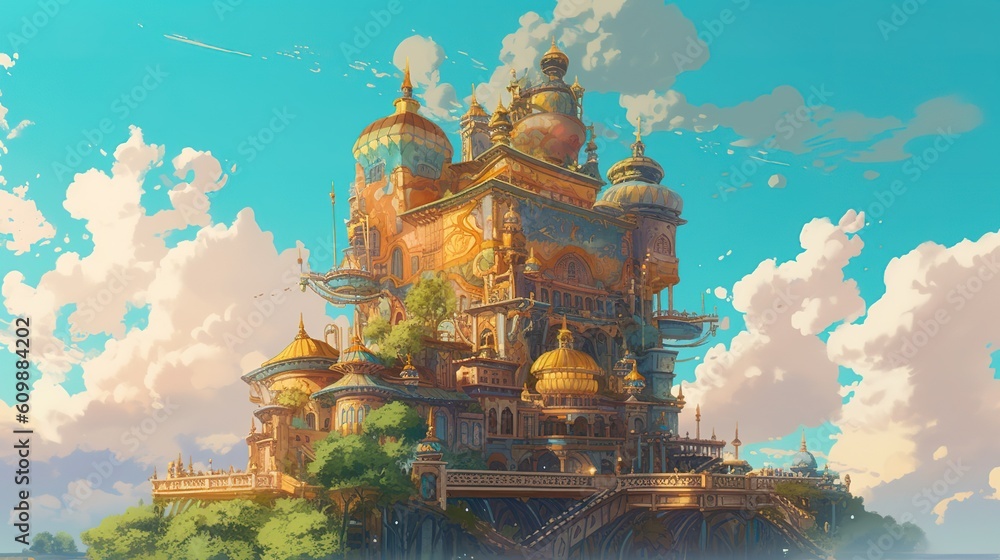 Poster a picture of what seems to be a castle floating in the air generative ai