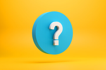 Question mark symbol on a blue button on yellow background. Problem, solution and query. FAQ, help or asking for information.