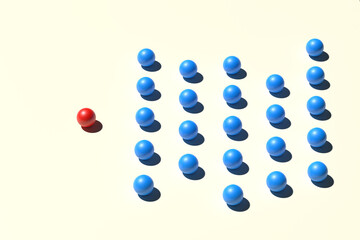 Red sphere ball against blue spheres. Confrontation and challenge concept. 3D render.