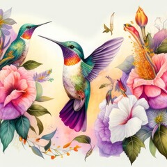 Watercolor painting pattern of a hummingbird with flowers and roses, illustration, Generative ai