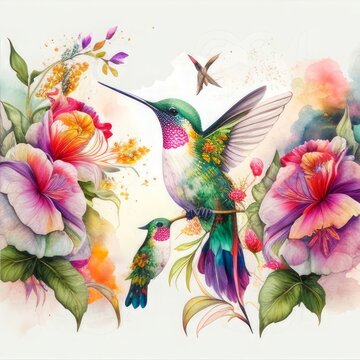 Watercolor painting pattern of a hummingbird with flowers and roses, illustration, Generative ai © MG