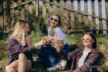 Friends, girls, sit on wooden stairs by lake in nature, holding glasses with refreshing alcoholic cocktails made with fruits and berries. A group of young girls look at the camera and appear joyful.