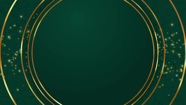 Golden rings on green background with shiny small particles flying. Animated looping screensaver with empty space for text in center. Festive greeting card.