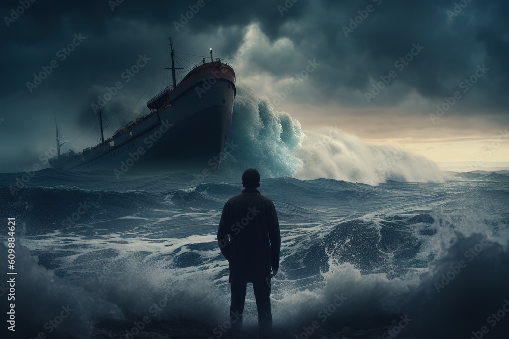 Poster a person standing in front of a boat as it is positioned in the water generative ai