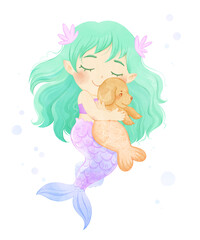 Cute little Mermaid girl hugging mermaid dog. Magic mermaid illustration isolated on white background. Sea theme Watercolor characters.
