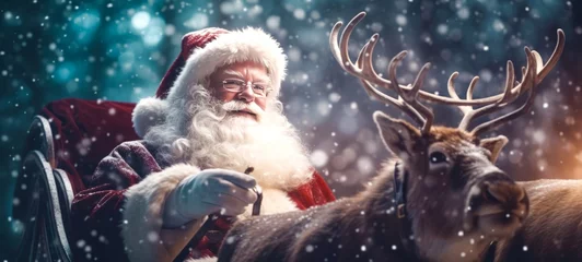 Poster Im Rahmen Merry Christmas holiday vacation winter background greeting card -  Santa Claus sitting on Christmas sleigh, with reindeer, snowflakes and sun bokeh light (Generative Ai) © Corri Seizinger