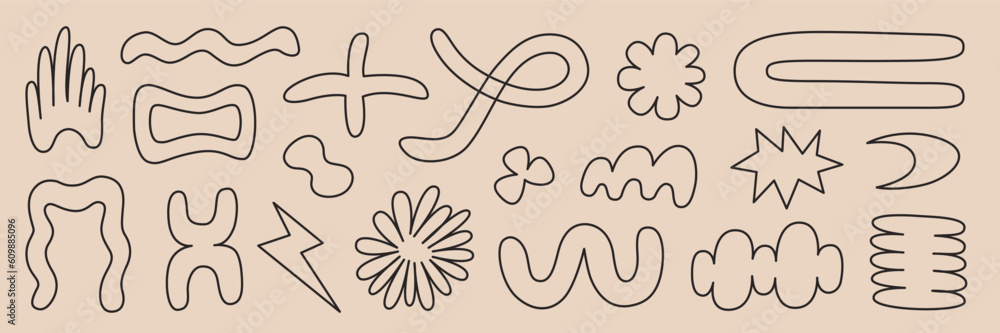 Poster abstract organic shapes with black linear geometric cutting doodles. trendy random shapes. vector il