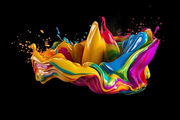 Mix rainbow liquid splashes. oil or ink splashing dynamic motion, design elements for advertising isolated on black background. oil paint. Generative ai.
