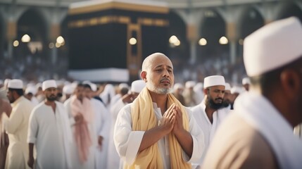 Muslim man praying with view of Kaaba in Mecca and crowd of Muslims, Generative AI