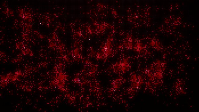 Rapid random flickering of red round pixel dots on dark background. Digital screen. Abstract looped animation.