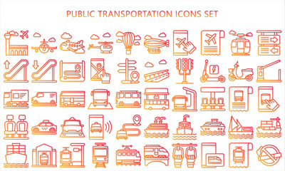 Public transportation gradient outline icons set. contain such as train, subway, bus, airplane and more. use for modern concept, UI or UX kit, web and app. vector EPS 10 ready convert to SVG.