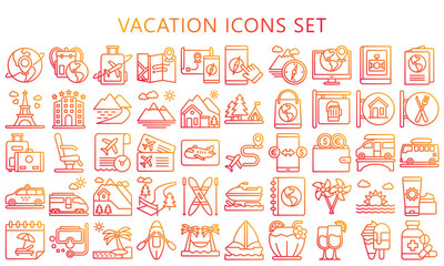 vacation and travel gradient outline icons set. contain summer theme, ticker, airplane, beach and more. use for modern concept, UI or UX kit, web and app. vector EPS 10 ready convert to SVG.