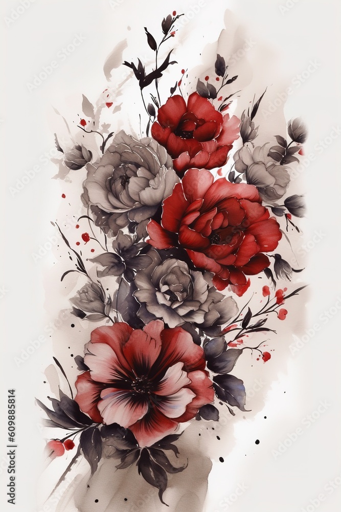 Poster an image of flowers in red and black on a backdrop of white generative ai