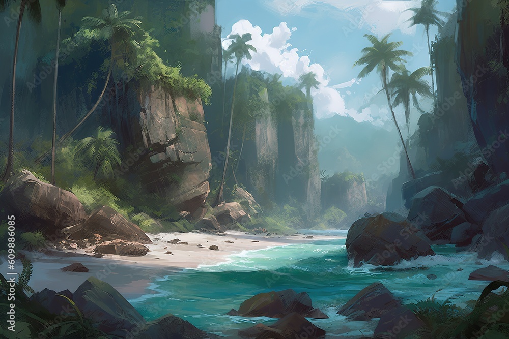 Poster a picture depicting a beach in a tropical setting with palm palms generative ai