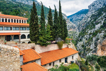 View of the Greek Orthodox monastery of Moni Koimiseos Theotokou Kliston or Assumption of Virgin...