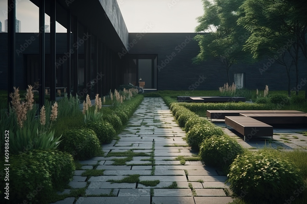 Poster in front of a structure is a plaza or courtyard that has seating and grass. Generative AI