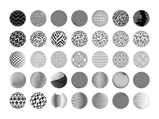 Collection of Black halftone minimalist spherical shapes. Elegant round geometric round, circle symbols adorned with stripes, line texture, and dots for web design purposes. 