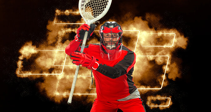 Lacrosse player, athlete goal keeper. Download photo for sports betting advertisement. Website header. Sports and motivation wallpaper.