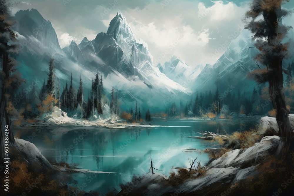Poster an artwork depicting a highland lake that is encircled by trees generative ai